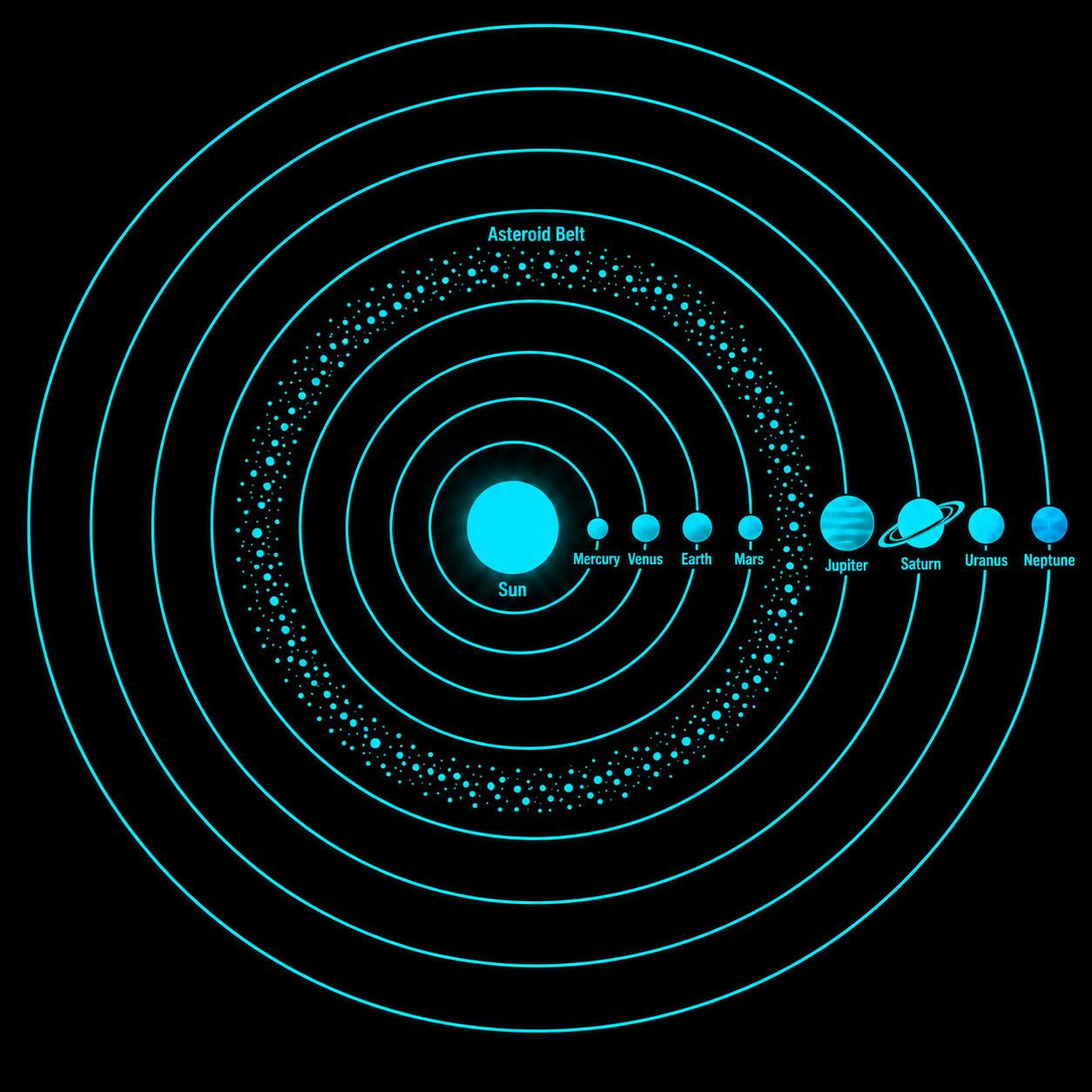 Cyan solar system map including the asteroid belt