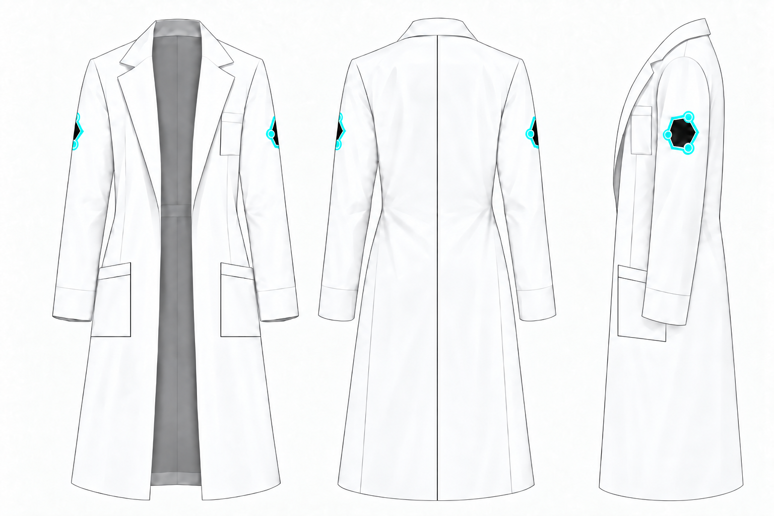 White FSC lab coat shown from the front, back, and side