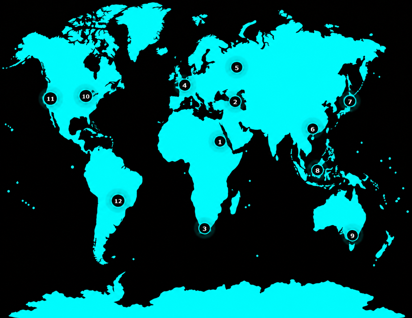 Cyan world map with FSC Earth base markers